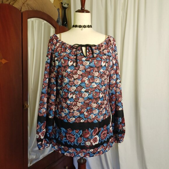 Vintage 70s Dark Floral Loose Fit Top, M/L - Picture 2 of 8
